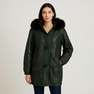 VTG 80’s Express Dark Green Leather Toggle Coat with Fur Trim Hood